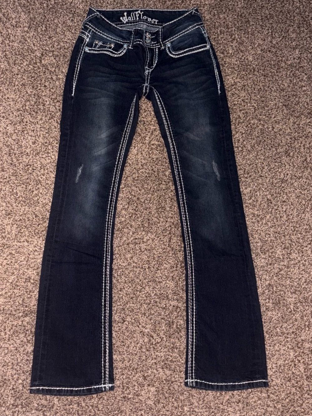 Wallflower Dark Wash Black-Blue Bootcut Jeans with White Contrast Stitching